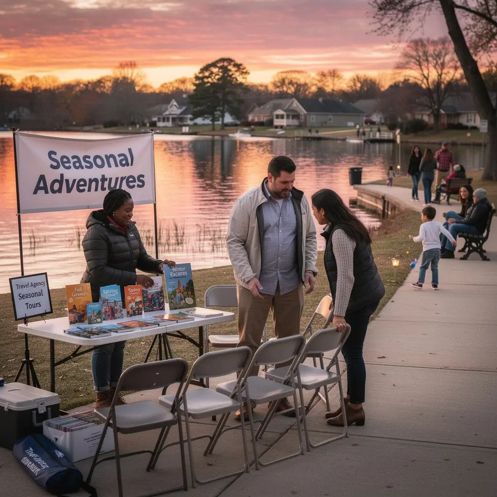 Sezonowy kalendarz atrakcji turystycznych z kolorowymi grafikami.