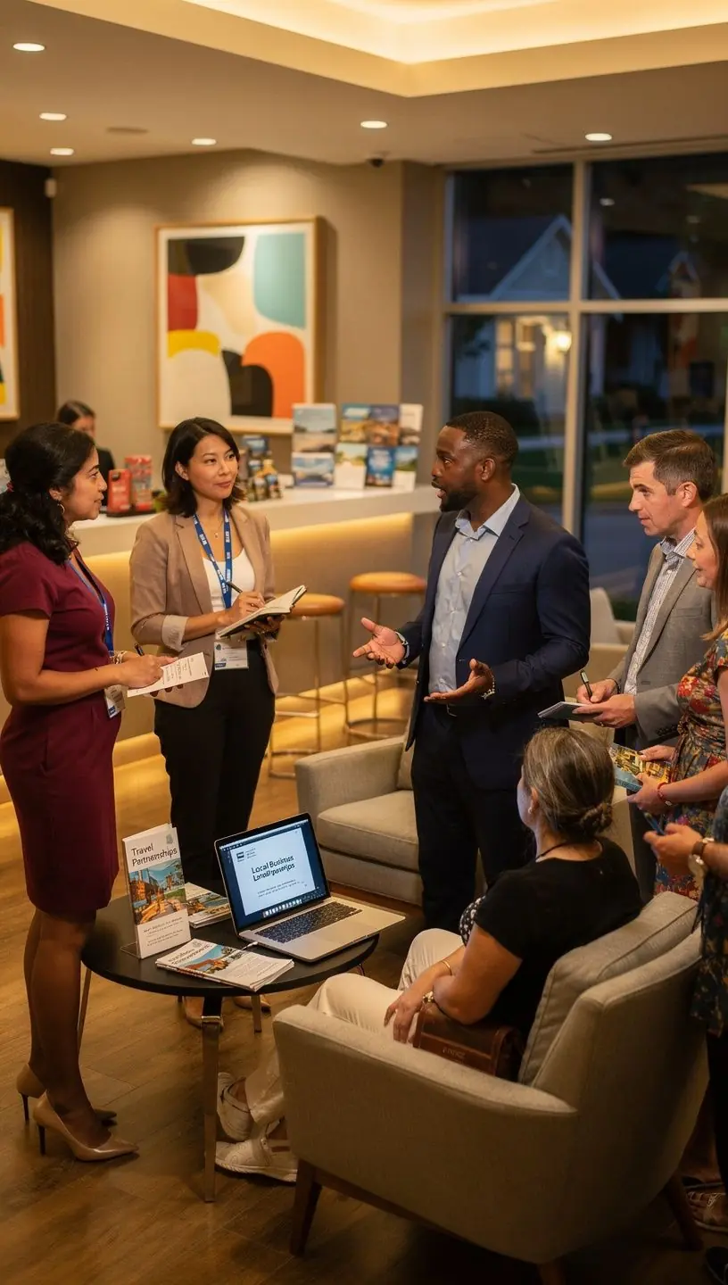 Zespół planowania wycieczek na tle malowniczej suburbannej scenerii.